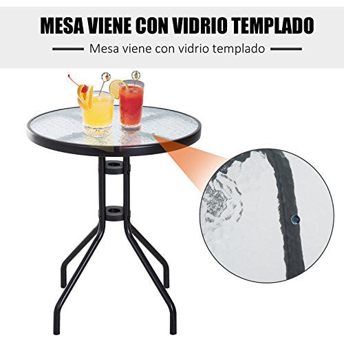 Conjunto Mesa y 2 Sillas Plegables para Exterior con Respaldo Reclinable a 4 Niveles con tejido Textilene y Marco de Acero Marrón. Detalle de mesa con vidrio templado. Outsunny