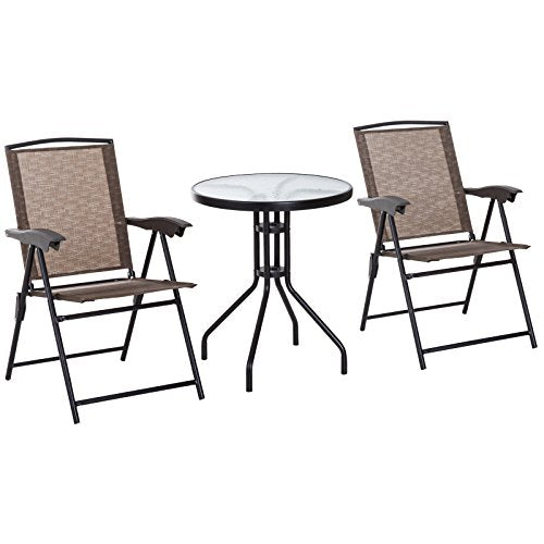 Conjunto Mesa y 2 Sillas Plegables para Exterior con Respaldo Reclinable a 4 Niveles con tejido Textilene y Marco de Acero Marrón. Outsunny