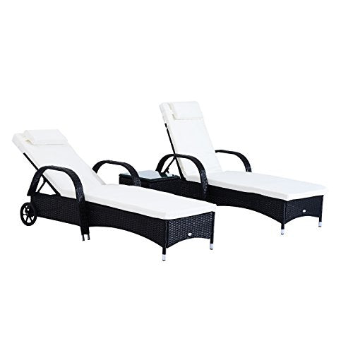 Set de 2 Tumbonas Chaise Longue + 1 Mesa de Ratan para Jardín o Terraza con Cojines y Respaldo Ajustable a 5 Niveles (Negro). Outsunny