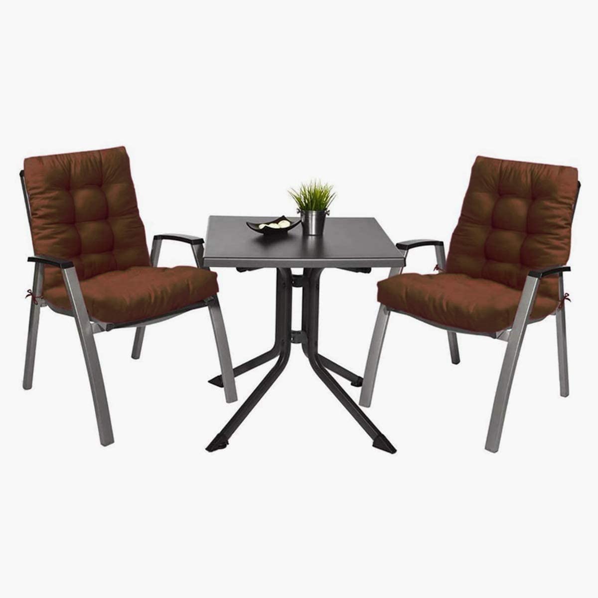 Vista de color marrón del Pack 2 Cojines Cómodos con Respaldo para mecedoras, bancos terraza o silla en Interior y Exterior. LEMON TREE