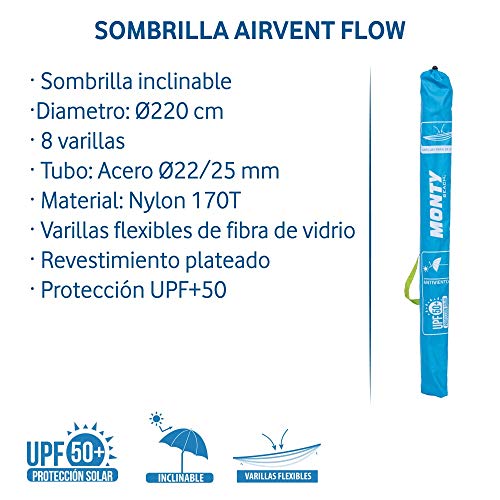 Características y Detalle de la bolsa de transporte del Pack sombrilla de Playa antiviento de Ø 220 cm Azul de Acero y Fibra Vidrio, con Soporte. LOLAhome | maxjardin