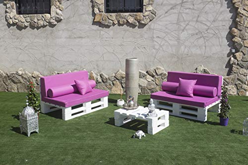 Conjunto 2X Sofá Palets 12Ox80 cm 1x Mesa 80x50 cm. Hecho en España. Lijado Y Cepillado -Interior/Exterior Nuevo-Natural. Vista en jardín con cojines fuxia. Palets Talavera SL.