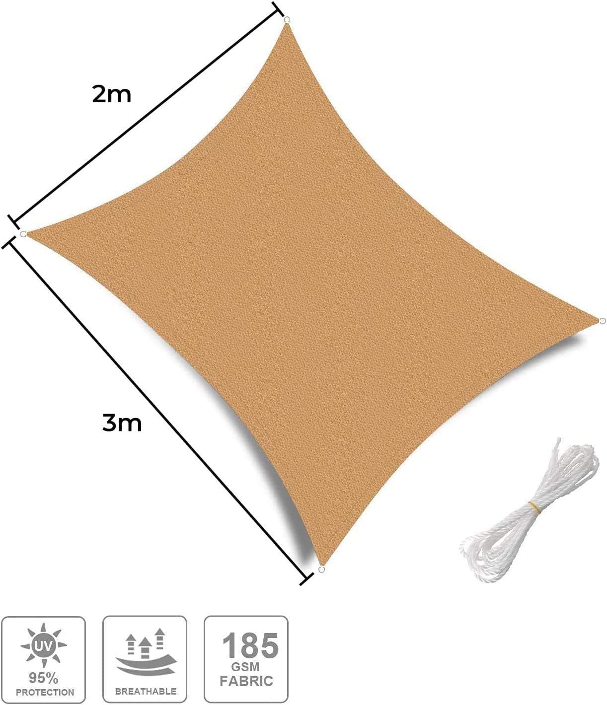 Características del Toldo Vela 2x3 m. Transpirable, Protección UV, color Arena. Patio Shack