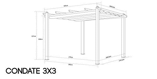 Medidas de la Pergola de Aluminio gris y toldo Marrón Pardo, 3x3 m. Alice's Garden