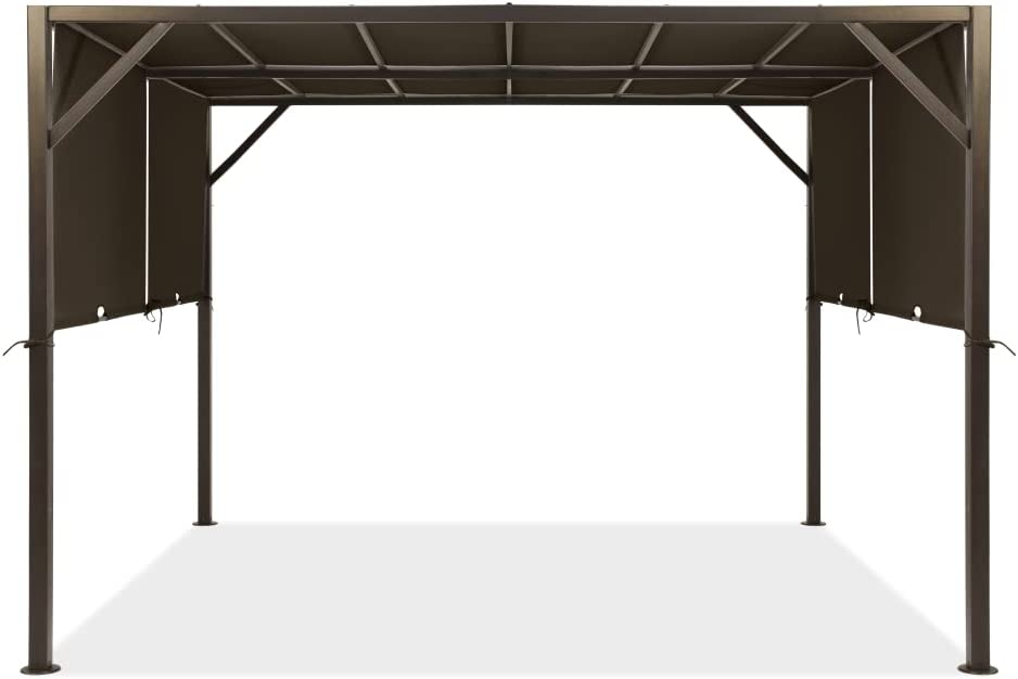 Vista frontal de la Pérgola metálica Santorini, 3x3m Montaje Fácil, Color Chocolate. Garden Point