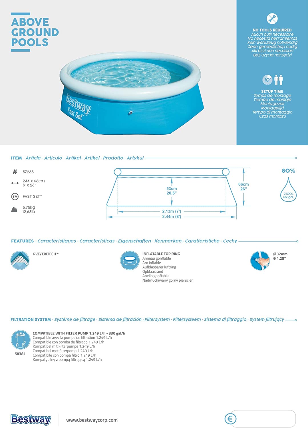 Características y medidas de Piscina inflable Desmontable Autoportante con válvula de drenaje, 244x66 cm 【2.300 litros】FastSet Pool.  Bestway