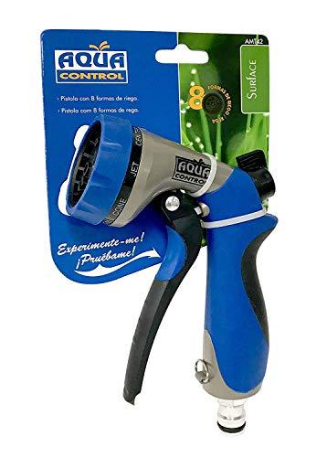 Packaging de la Pistola de Riego fabricada en Metal y Caucho. Con Regulación de Caudal y 7 Formas de Riego para adaptarse a todo tipo de plantas y terrenos. AMT42. Aqua Control
