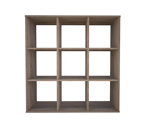 Vista frontal del Separador de ambientes estantería color Roble 9 Compartimentos. Polini Home