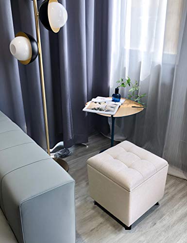 Aspecto decorativo del Puff Asiento con Baúl de Almacenamiento Elegante con Patas de Madera Maciza tapizado tipo lino Beige. Suhu