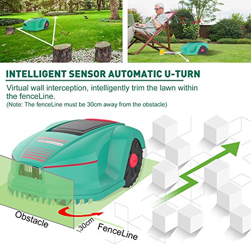 Sensor automático inteligente del Robot Cortacésped para superficies hasta 800 m², IPX4 Impermeable, 3 Cuchillas, Altura máx de Corte 55mm, Ancho 200mm, Protección Antirrobo, Cable Delimitador, Ganchos. HYCHIKA