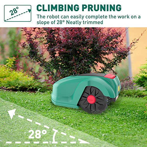 Hasta 28º de desnivel superados por el Robot Cortacésped para superficies hasta 800 m², IPX4 Impermeable, 3 Cuchillas, Altura máx de Corte 55mm, Ancho 200mm, Protección Antirrobo, Cable Delimitador, Ganchos. HYCHIKA