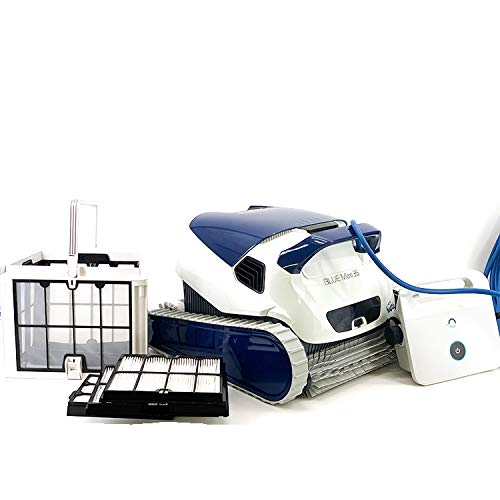 Set de producto del Robot Limpiafondos automático para piscinas fondo y paredes. BLUE Maxi 35. Sistema navegación preciso Clever clean. INCLUYE CARRO DE TRANSPORTE. Dolphin