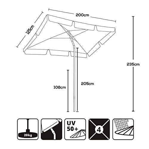 Medidas y características del Parasol rectangular de patio y terraza Color Crema 200x125 cm con Protector Solar UV50. Sekey®