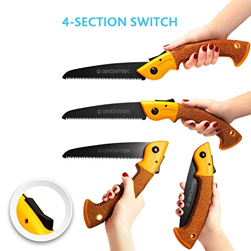 Bloqueo en 4 posiciones del Serrucho de Poda Plegable Dentado Japones 180 mm. Sierra para Madera y Arboles Ligera y Poderosa con Agarre de Corcho Ultra Cómodo.. GRÜNTEK