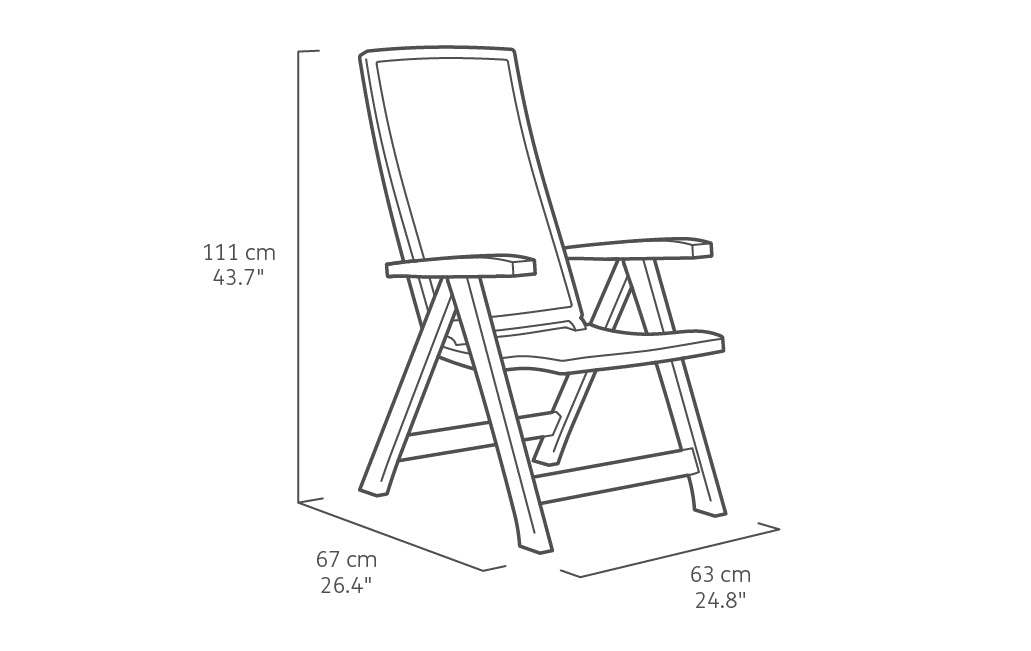 Medidas de la Vista de perfil de la Silla reclinable de jardín y exterior Montreal diseño de rattán, Color grafito. Keter