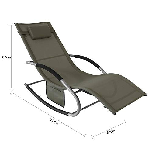 Tumbona, Mecedora con Almohada y Bolsillo Lateral, Estructura de Hierro, Malla Transpirable Teslin, cómodo, soporta hasta 150 kg ES (Marrón). OGS28-BR SoBuy
