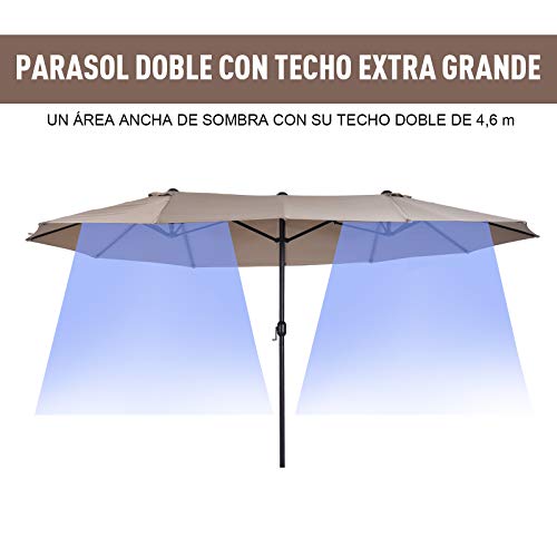 Doble anchura del Parasol ancho Doble Grande 4,6x2,7m Sombrilla con Manivela Manual Resistente al Agua y Protección Solar UV para Terraza Playa Piscina Café. Outsunny
