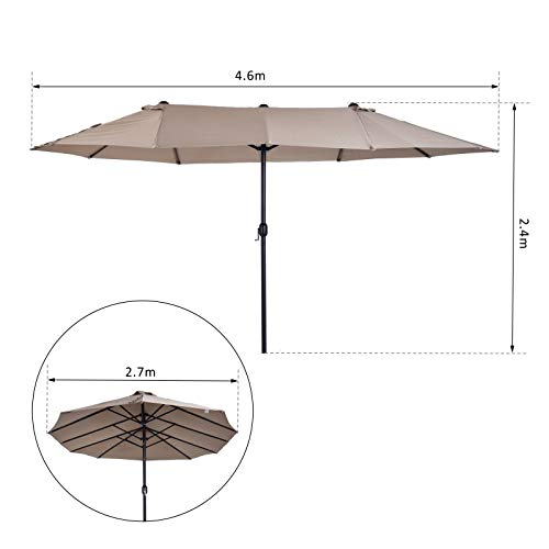 Medidas de la sombrilla Doble Grande 4,6x2,7m Sombrilla con Manivela Manual Resistente al Agua y Protección Solar UV para Terraza Playa Piscina Café. Outsunny