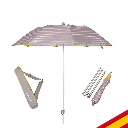 Sombrilla de playa de aluminio ligero y plegable de 155cm con Protección solar UPF 50+. Estampado a rayas color  blanco y rodeno o azul. Incluye funda de transporte. Hecho en España por EZPELETA