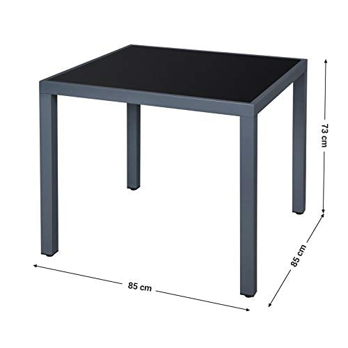 Medidas de la Mesa Cuadrada de Jardín o Patio para Picnic al Aire Libre, con Tapa de Cristal Templado y Marco de Aluminio, 85 x 85 x 73 cm, Gris GPT08GY. SONGMICS