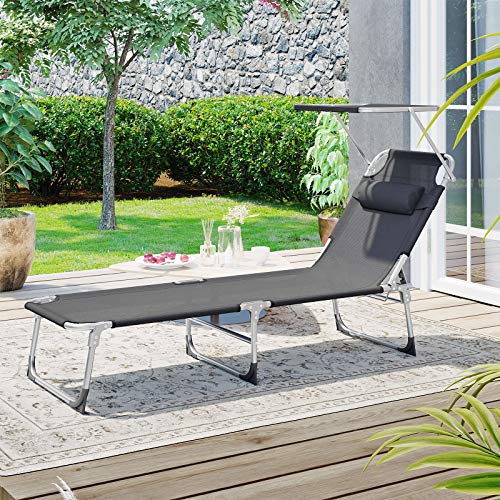  Bonito patio con la Tumbona Reclinable con Reposacabezas, Respaldo y Parasol Reclinables, Ligera, Plegable, 53 x 193 x 29,5 cm, Carga 150 kg, para el Jardín, Gris Oscuro GCB19UV1. SONGMICS 