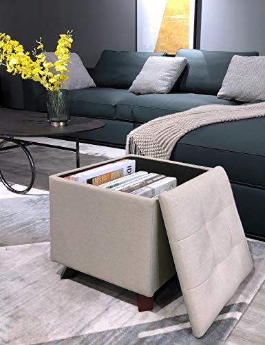 Guarda tus libros en el interior del Puff Asiento con Baúl de Almacenamiento Elegante con Patas de Madera Maciza tapizado tipo lino Beige. Suhu
