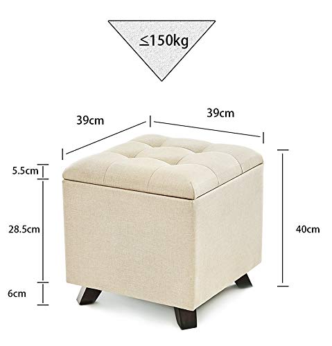 Medidas y peso soportado del Puff Asiento otomana con Baúl de Almacenamiento Elegante con Patas de Madera Maciza tapizado tipo lino Beige. Suhu