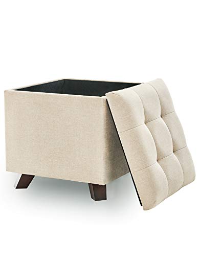 Vista con tapa quitada del Puff Asiento con Baúl de Almacenamiento Elegante con Patas de Madera Maciza tapizado tipo lino Beige. Suhu