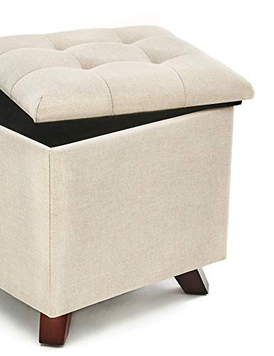 Detalle tapa abierta del Puff Asiento con Baúl de Almacenamiento Elegante con Patas de Madera Maciza tapizado tipo lino Beige. Suhu