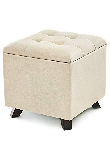Puff Asiento otomana con Baúl de Almacenamiento Elegante con Patas de Madera Maciza tapizado tipo lino Beige. Suhu