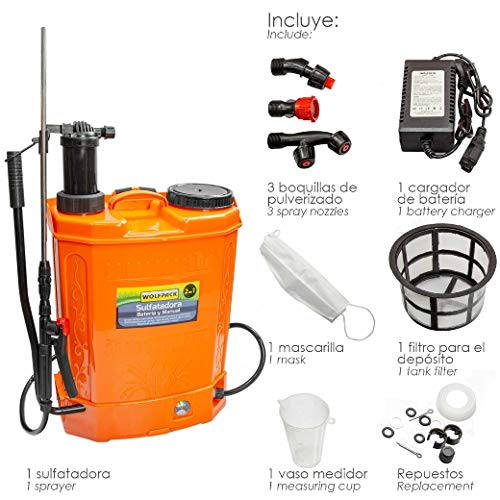 Vista general y accesorios de la Sulfatadora Eléctrica a Batería Doble Uso Batería o Manual con Batería Recargable 12 V / 8 Amperios. LINEA PROFESIONAL . WOLFPACK