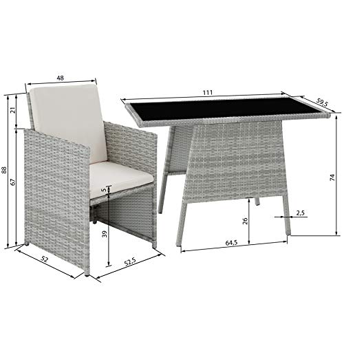 Conjunto de Muebles de Jardín 2 sillas + 1 mesa, Trenzado de Polirratán, Tornillos de Acero Inoxidable Gris Claro. Medidas. TecTake