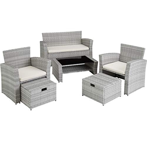 Conjunto de Ratán, 1 Sofá 2 Sillones con 2 Taburetes, 1 Mesa, Protección UV, Estructura de Acero, con Cojines Impermeables (Gris Claro Vista general del conjunto. | No. 403718). 800719. TecTake