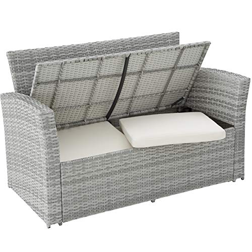 Conjunto de Ratán, 1 Sofá 2 Sillones con 2 Taburetes, 1 Mesa, Protección UV, Estructura de Acero, con Cojines Impermeables (Gris ClaroSofá de 2 plazas con tapa con arcón para guardar cojines. | No. 403718). 800719. TecTake