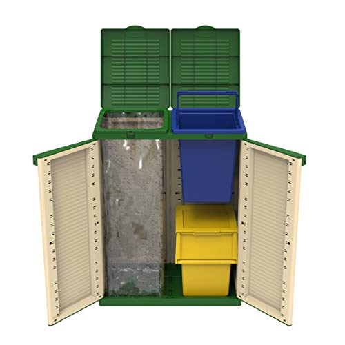 Vista frontal  puertas abiertas con detalle de interior con cubos de Cubo eco para separación de residuos con 2 compartimentos de 110 litros cada uno. 43560. Terry. 