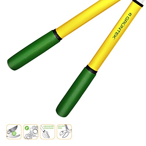 Características y detalle del mango de las Tijeras de podar a dos manos de 47 cm para jardinería GRIZZLY. Cortarramas con doble engranajes de corte. GRÜNTEK