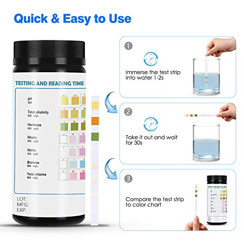 Pasos para analizar el agua con las Tiras de Prueba de Piscina- Medidor ph 7 en 1 con 100 PCS para Pruebas cualitativas y Semi-cualitativas de la Calidad del Agua, como PH,Cloro Residual para Piscinas, spas, estanques. Dustgo