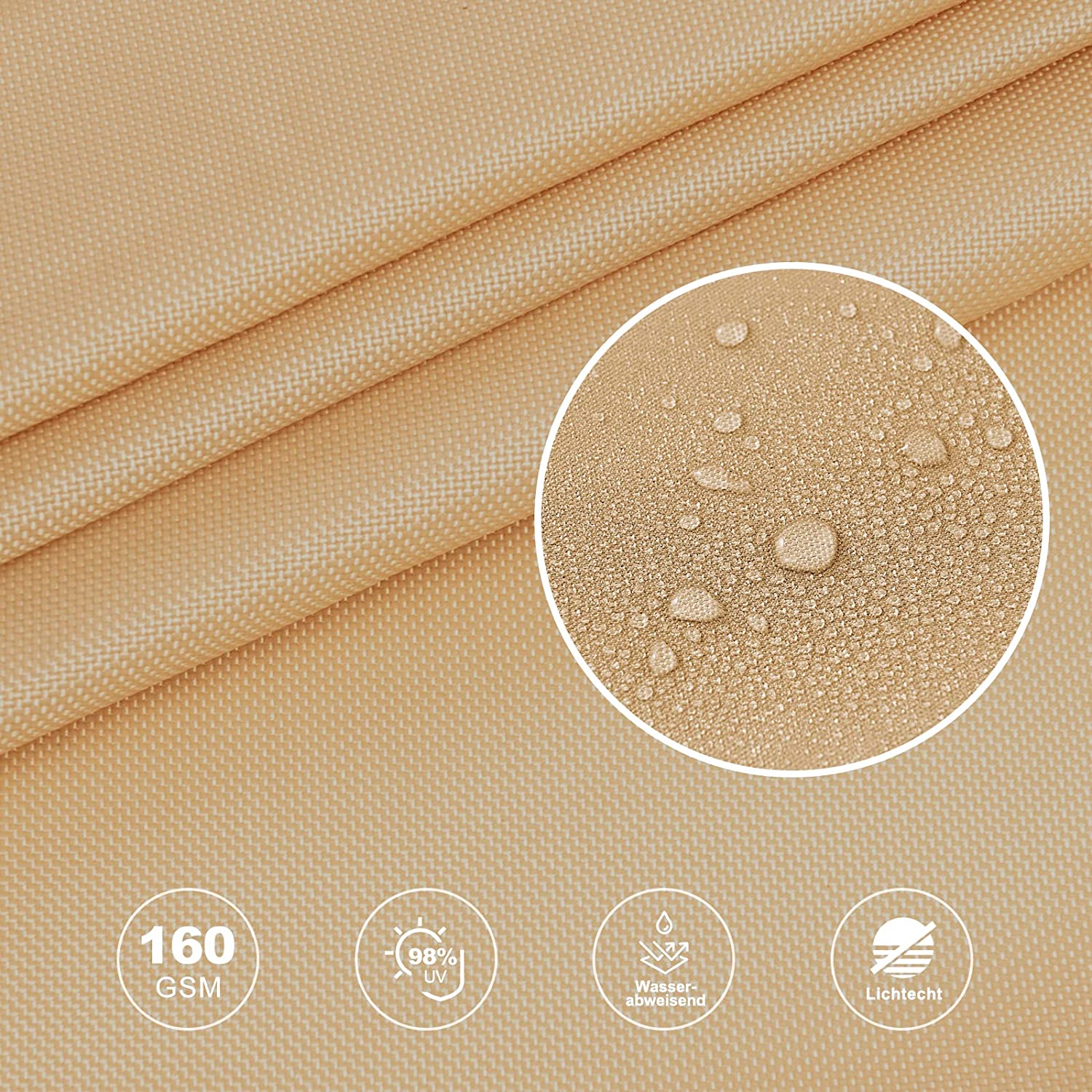 Material impermeable y características del Toldo Vela 3x3 m Protección 95% UV y Poliéster Impermeable, color Arena. Haikus