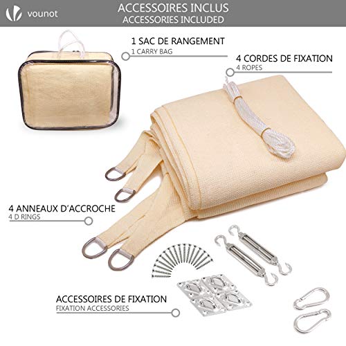 Set de producto del Toldo Vela 2,5 x 3 m, con Kits de Montaje, Protección UV y HDPE Transpirable, Beige. VOUNOT