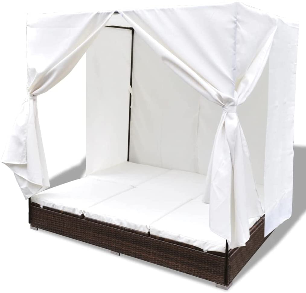 Tumbona CHILL OUT con Toldo y Cortinas Blancos. Ratán Marrón. Cama de Jardín. VidaXL. Detalle media cerrada