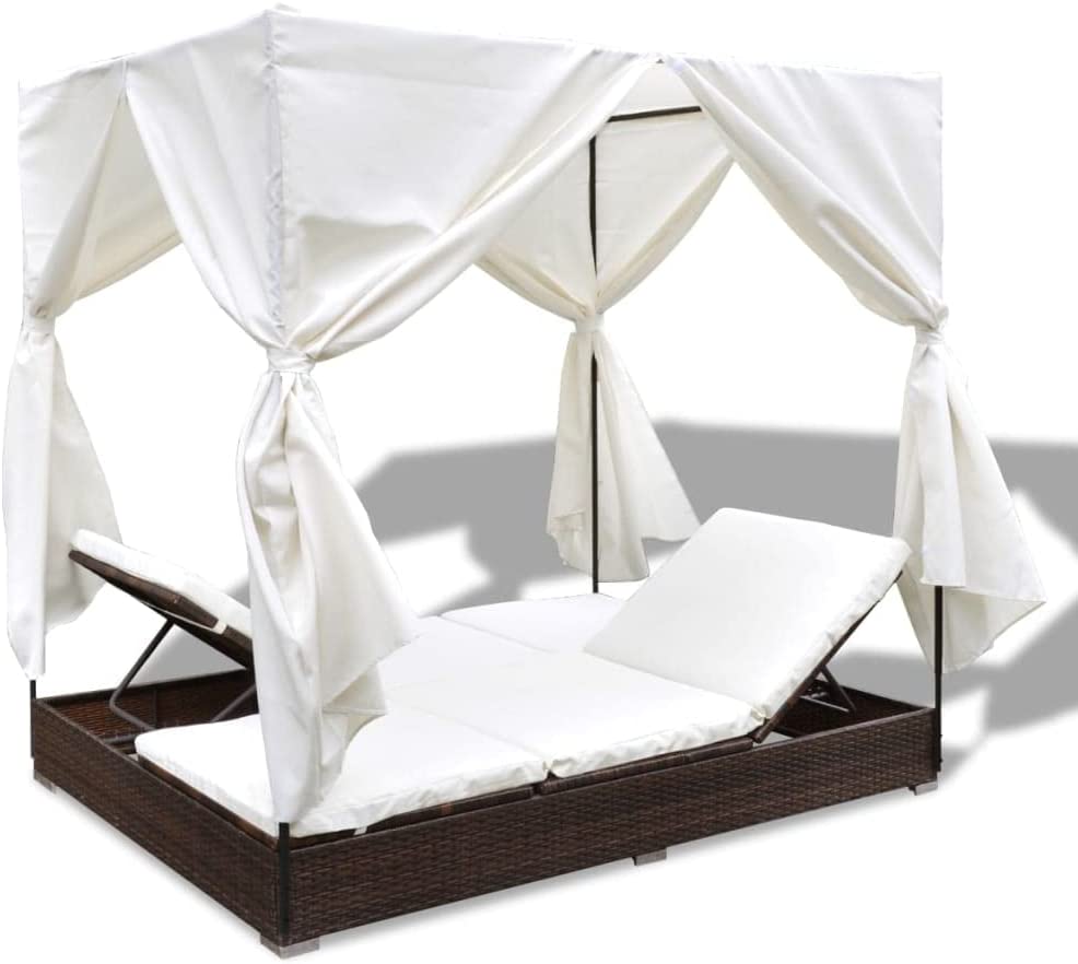 Tumbona CHILL OUT con Toldo y Cortinas Blancos. Ratán Marrón. Cama de Jardín. VidaXL. Detalle posiciones enfrentadas