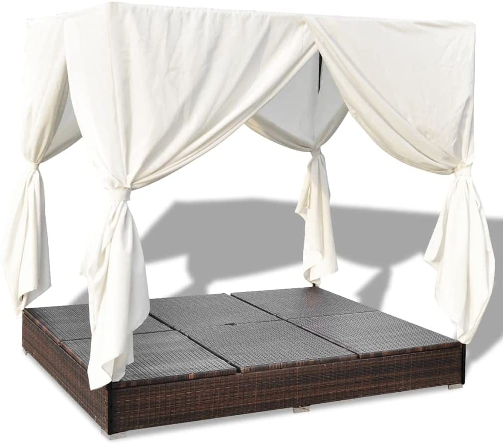 Tumbona CHILL OUT con Toldo y Cortinas Blancos. Ratán Marrón. Cama de Jardín. VidaXL. Detalle sin cojines