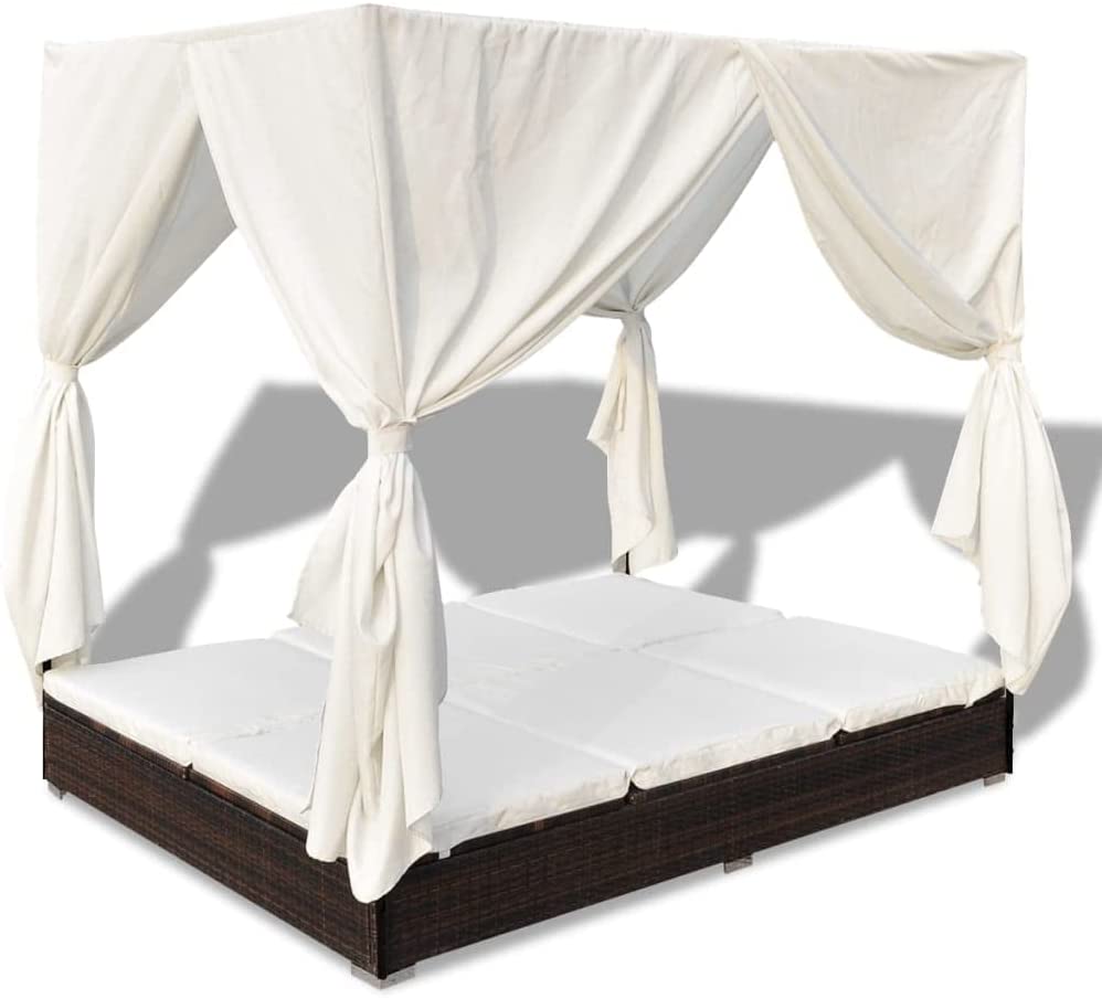 Tumbona CHILL OUT con Toldo y Cortinas Blancos. Ratán Marrón. Cama de Jardín. VidaXL
