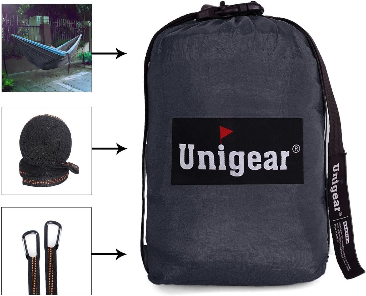 Detalles y bolsa de transporte de la Hamaca para Acampar 320 x 200 cm para 2 Personas, Hamaca Doble Portátil Ligera de Nylon Paracaídas con Correas para Mochilero, Camping, Viajes, Playa, Jardín. Unigear