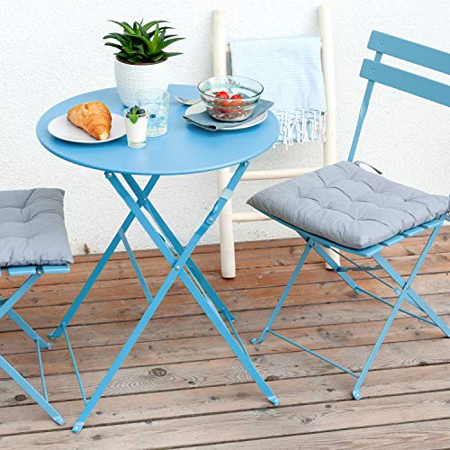 Vista en terraza del Juego de Muebles de jardín de 3 Piezas, 2 sillas y 1 mesa redonda de café, Metal, Azul, 49 x 41 x 79 cm. VG-3278 . Vanage