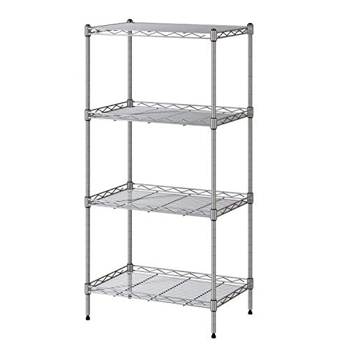 Estantería Metálica para Almacenar y Organizar, Cromada 4 Baldas con Alturas Ajustables y 4 Ganchos Laterales 45 x 30 x 90 cm. Vooneen