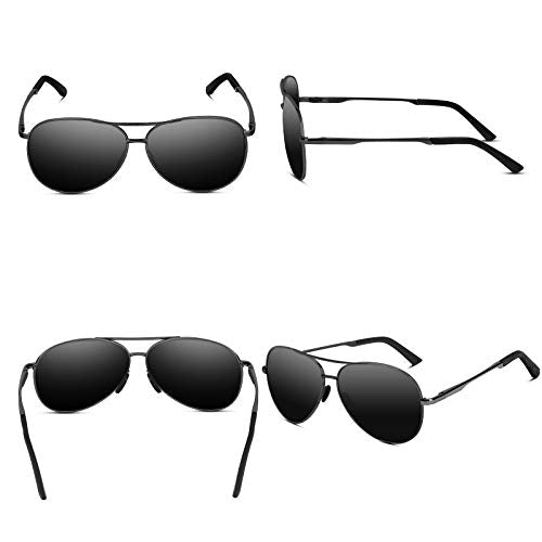 Vista frontal, perfil, escorzo y trasera de Gafas de sol Unisex Polarizadas Aviador Protección UV400 Negro V101 por VVA