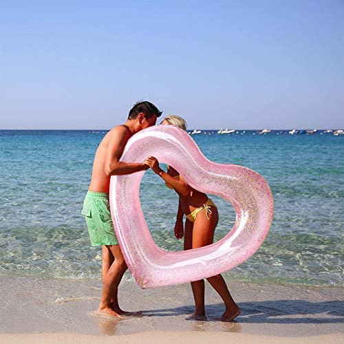 Flotador Hinchable Corazón Rosa con purpurina para Adultos en playa y Piscina de 47X47X6inch WLZP