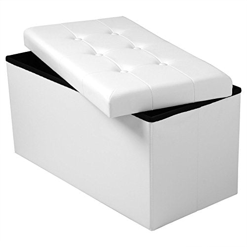 Taburete Reposapiés Plegable con Caja de Almacenaje Acolchada tapizado en Piel Sintética hasta 300 kg, 76 x 37,5 x 38 cm, Blanco, SH16ws. # 836. WOLTU®