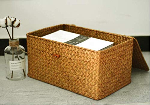 Paquete de 4 cestas de mimbre con tapas, cestas de almacenamiento de hierba  marina náutral, cestas rectangulares tejidas, organizador de almacenamiento  de ratán para estante marrón miel : Hogar y Cocina 